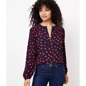 Loft Women’s Blouse Small Navy Blue w/ Red Polka Dots Ruffled Collar